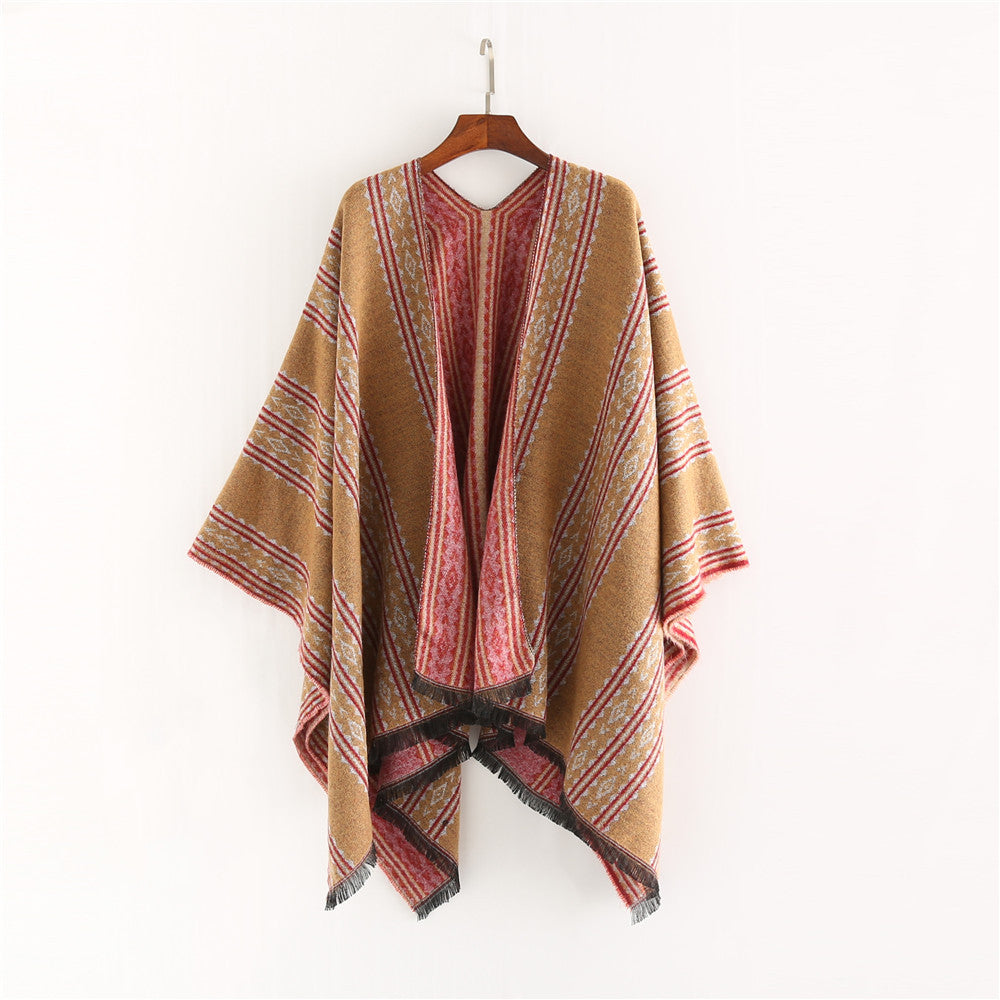 Damen Jacquard‑Ruana‑Poncho mit Fransen und offenem Oversize‑Fall Drune