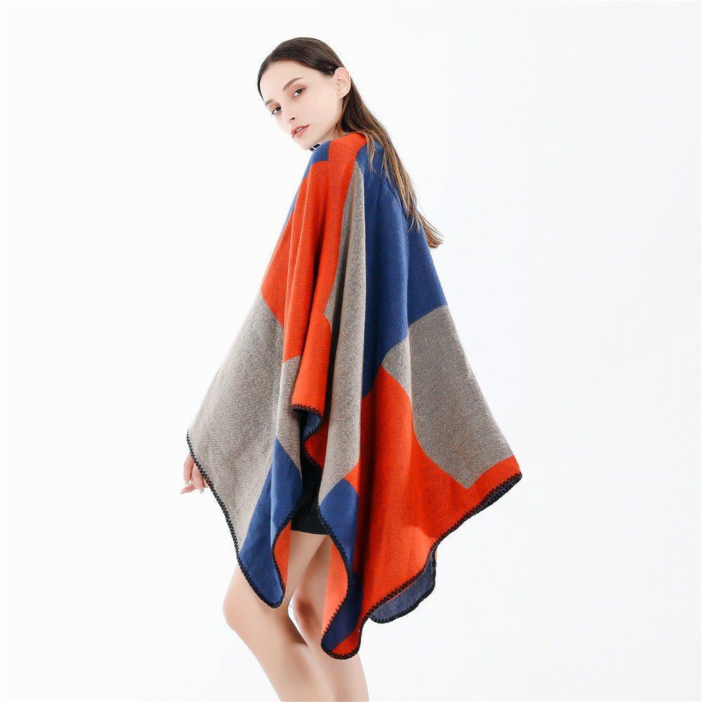 Damen Oversize-Strickruana mit geometrischem Colorblock, offener Front und Zierstichkante Drune