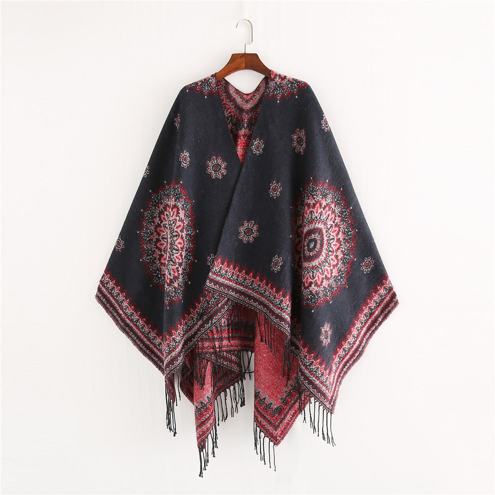 Damen Jacquard-Poncho im Oversize-Kimono-Fall mit Fransen Drune