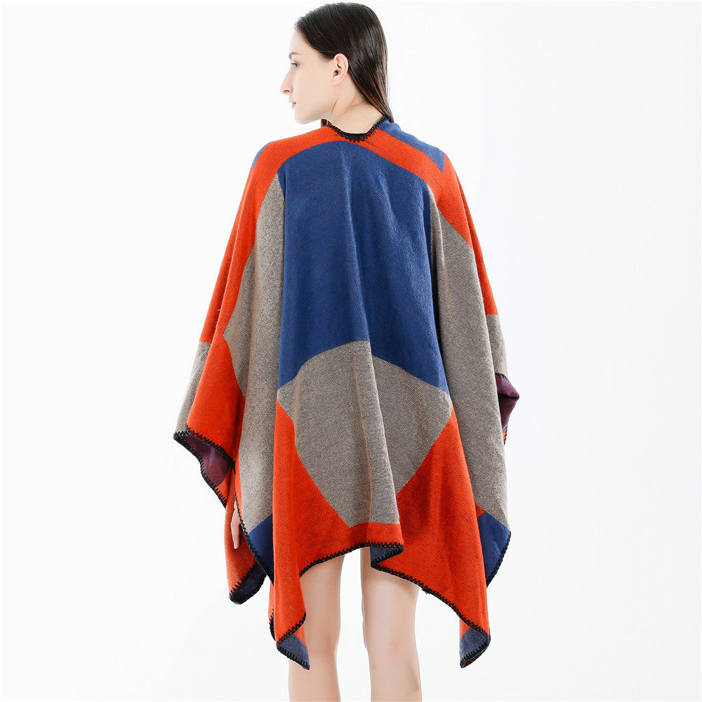 Damen Oversize-Strickruana mit geometrischem Colorblock, offener Front und Zierstichkante Drune