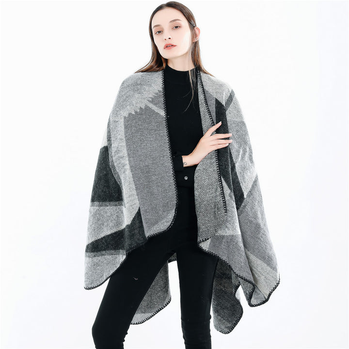 Damen Oversize-Geometrischer Jacquard-Poncho aus Wollmix Drune