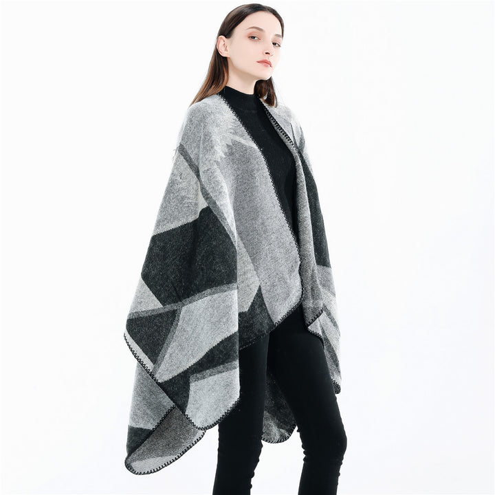 Damen Oversize-Geometrischer Jacquard-Poncho aus Wollmix Drune