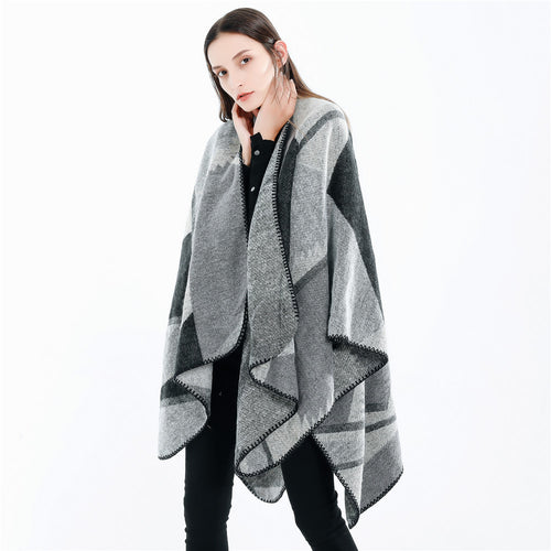 Damen Oversize-Geometrischer Jacquard-Poncho aus Wollmix Drune