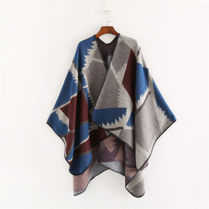 Damen Oversize-Geometrischer Jacquard-Poncho aus Wollmix Drune