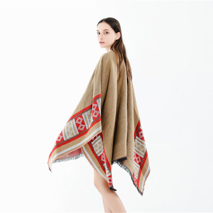 Damen Oversize-Ruana-Poncho im Boho-Ethno-Look aus Wollmix mit V-Ausschnitt und Fransensaum Drune