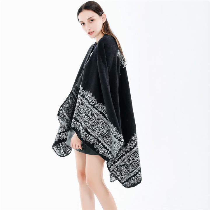 Damen Ornamental gemusterter Ruana‑Poncho mit offenem Kimono‑Fall Drune