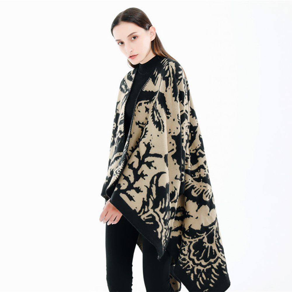Damen Jacquard‑Ruana‑Überwurf mit floraler Webstruktur und dekorativer Kettelkante Drune