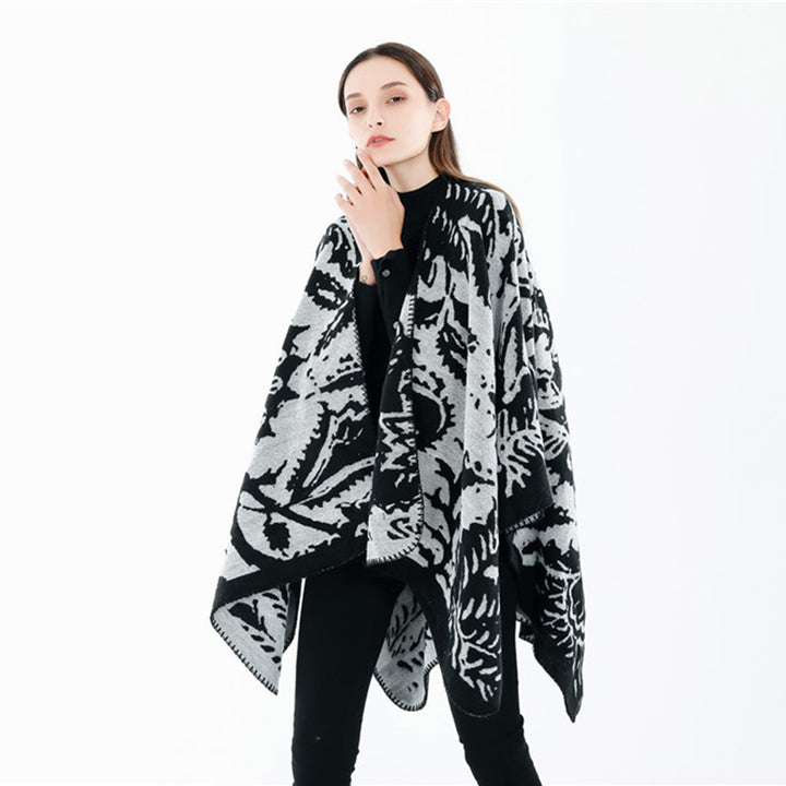 Damen Jacquard‑Ruana‑Überwurf mit floraler Webstruktur und dekorativer Kettelkante Drune