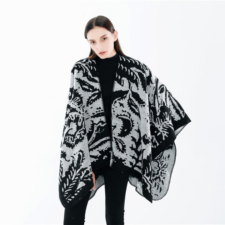 Damen Jacquard‑Ruana‑Überwurf mit floraler Webstruktur und dekorativer Kettelkante Drune