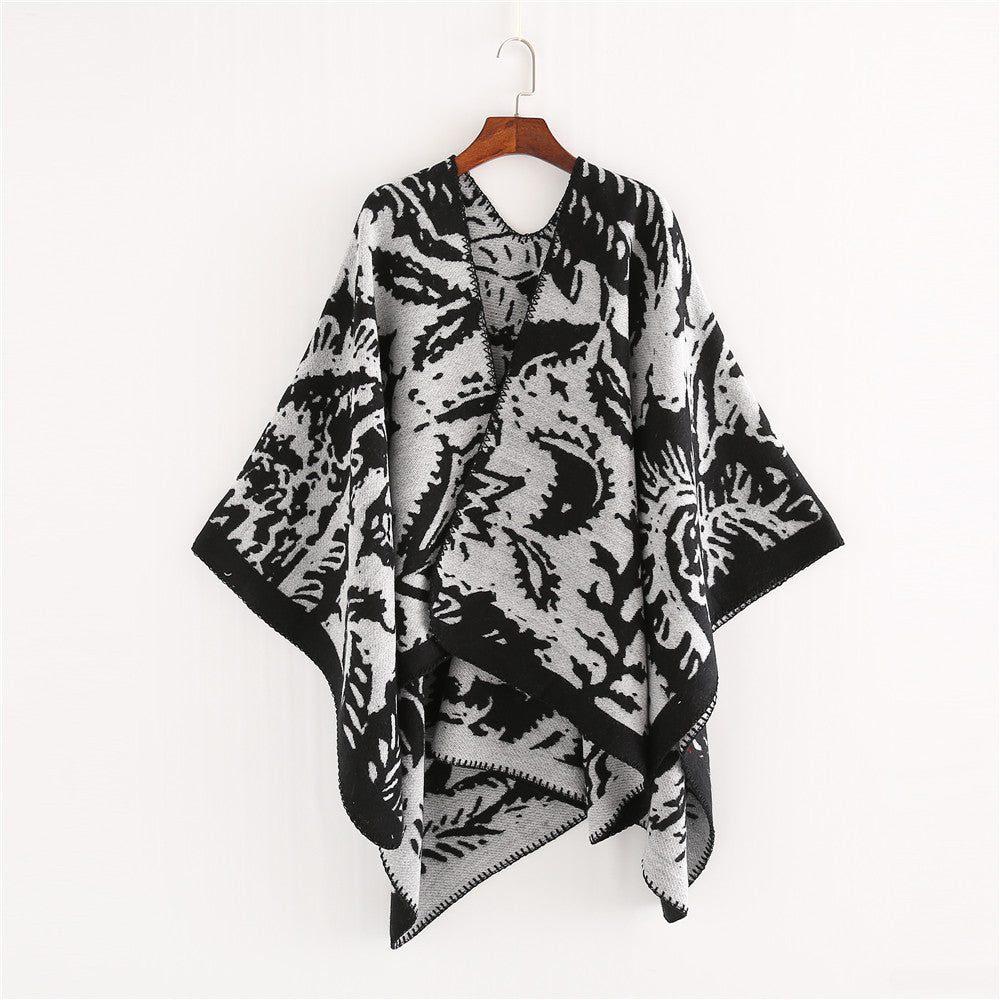 Damen Jacquard‑Ruana‑Überwurf mit floraler Webstruktur und dekorativer Kettelkante Drune