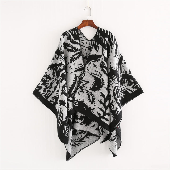 Damen Jacquard‑Ruana‑Überwurf mit floraler Webstruktur und dekorativer Kettelkante Drune