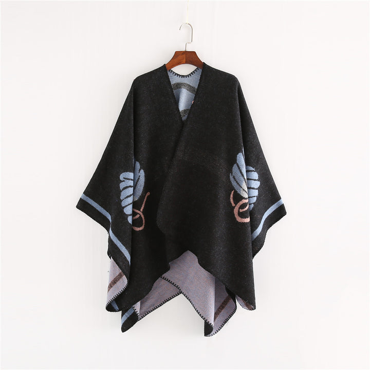 Damen Jacquard-Ruana mit floralem Intarsienmuster und zweifarbiger Wendekante Drune
