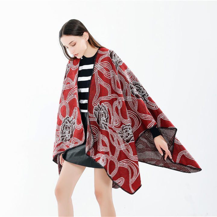 Damen Jacquard‑Ruana mit floralem Relief und kontrastierter Kettelnaht Drune