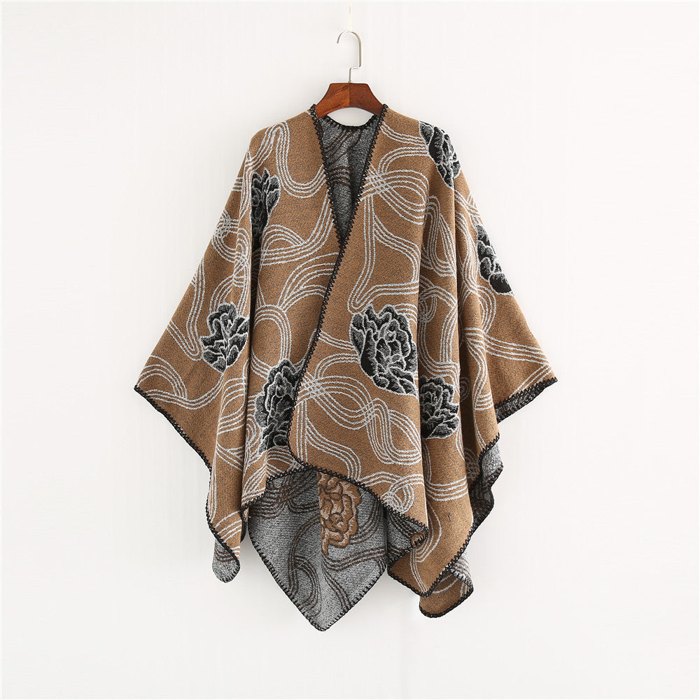 Damen Jacquard‑Ruana mit floralem Relief und kontrastierter Kettelnaht Drune