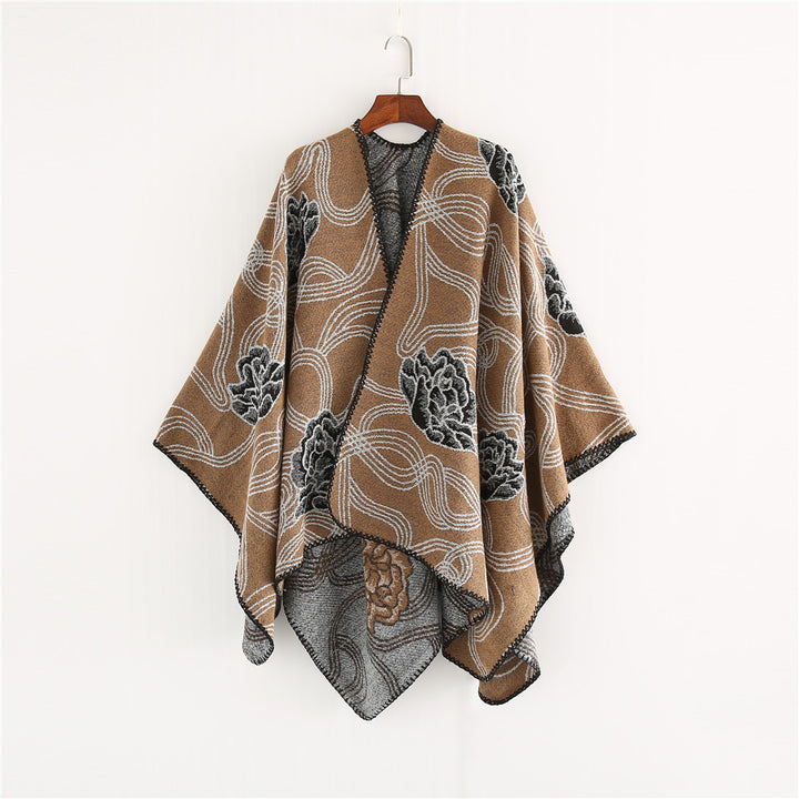 Damen Jacquard‑Ruana mit floralem Relief und kontrastierter Kettelnaht Drune