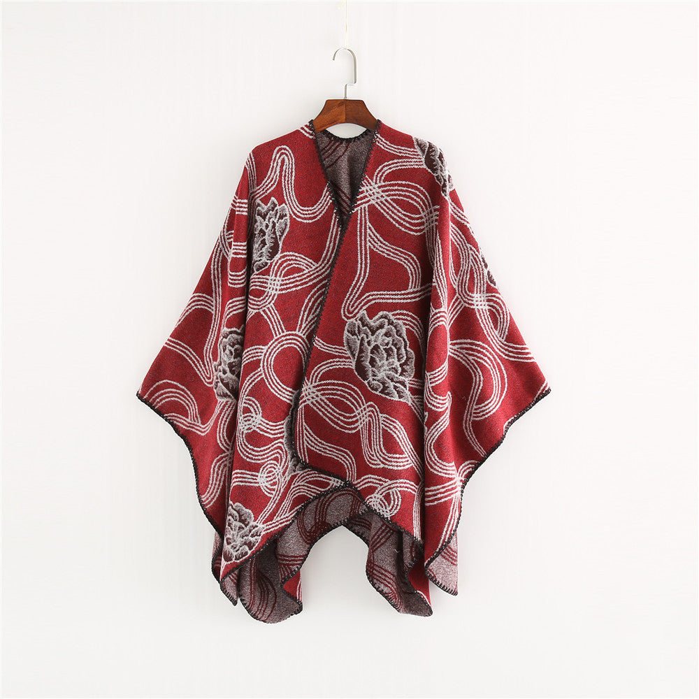 Damen Jacquard‑Ruana mit floralem Relief und kontrastierter Kettelnaht Drune