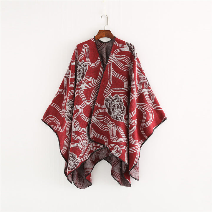 Damen Jacquard‑Ruana mit floralem Relief und kontrastierter Kettelnaht Drune