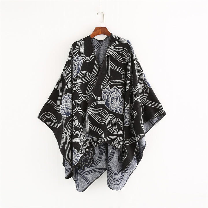 Damen Jacquard‑Ruana mit floralem Relief und kontrastierter Kettelnaht Drune