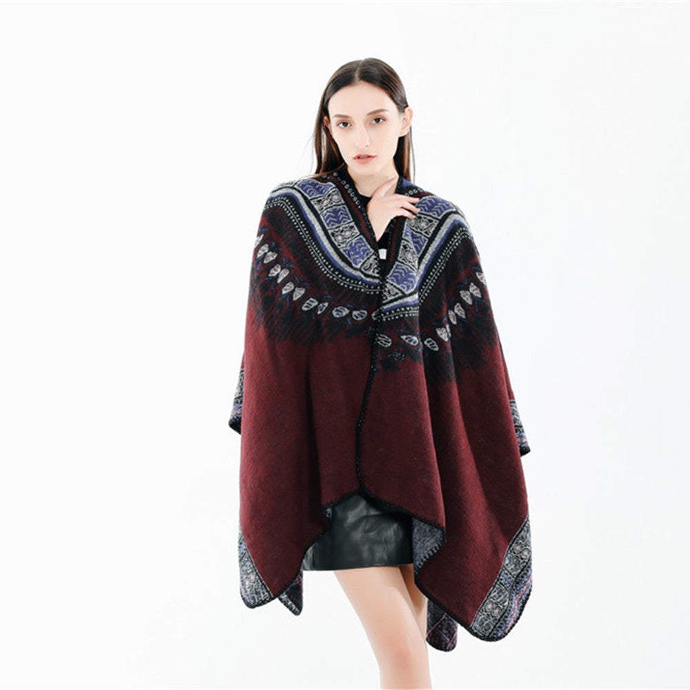 Damen Oversize-Ruana-Poncho im Ethno-Jacquard mit V-Ausschnitt und Bordürenkante Drune