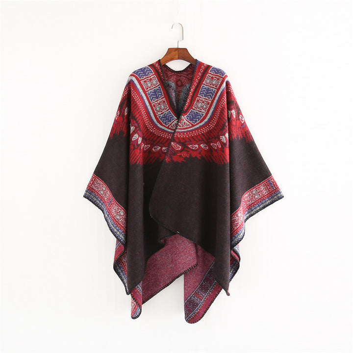Damen Oversize-Ruana-Poncho im Ethno-Jacquard mit V-Ausschnitt und Bordürenkante Drune
