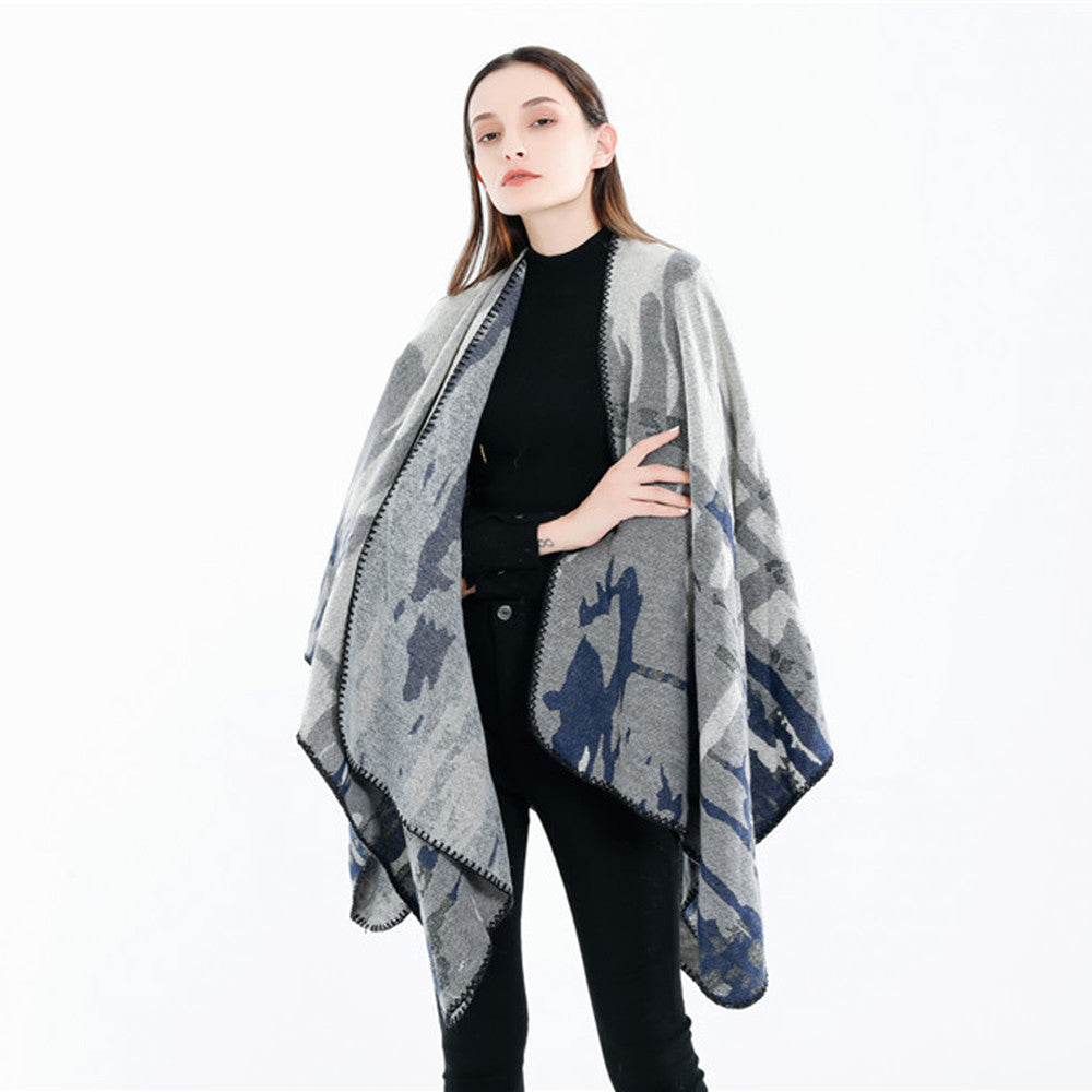 Damen Grobgewebter Kunstfaser-Ruana mit abstraktem Aquarellmuster und Zierkettensaum Drune