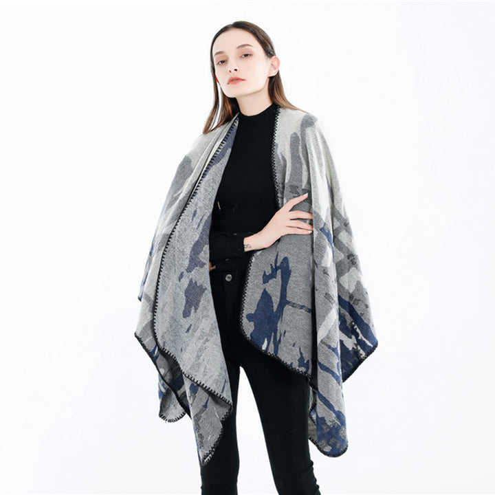 Damen Grobgewebter Kunstfaser-Ruana mit abstraktem Aquarellmuster und Zierkettensaum Drune