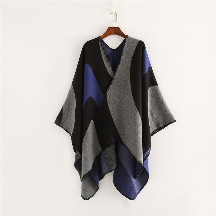 Damen Weichfallender Cape‑Überwurf im Oversize‑Ruana‑Stil mit kontrastierenden Rundflächen und Zierkettnaht Drune