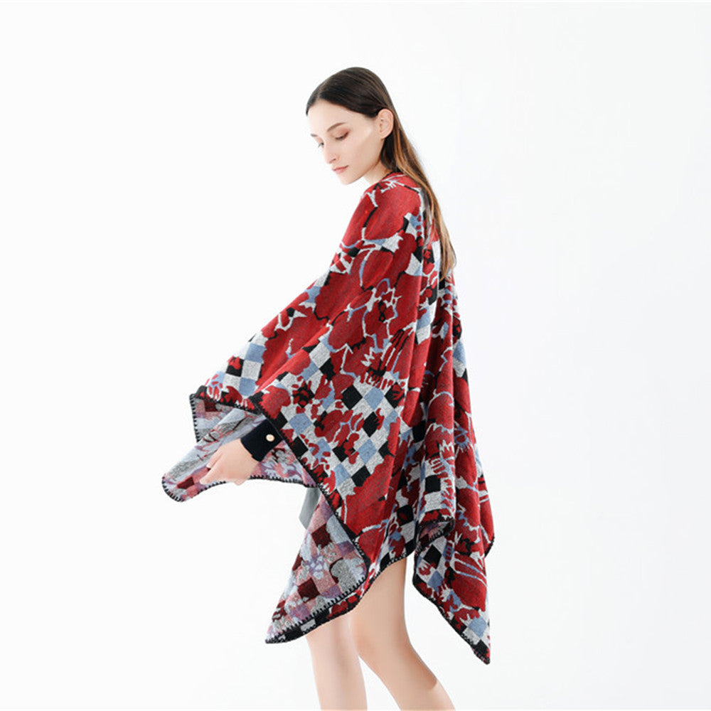 Damen Oversize-Ruana mit V-Ausschnitt und Jacquard-Karo-Floralmuster Drune