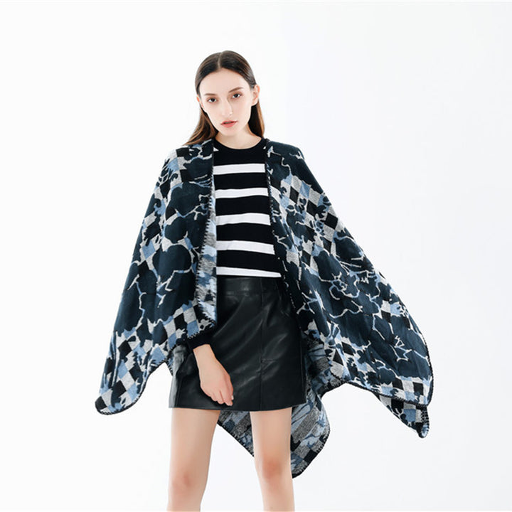 Damen Oversize-Ruana mit V-Ausschnitt und Jacquard-Karo-Floralmuster Drune