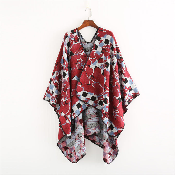 Damen Oversize-Ruana mit V-Ausschnitt und Jacquard-Karo-Floralmuster Drune