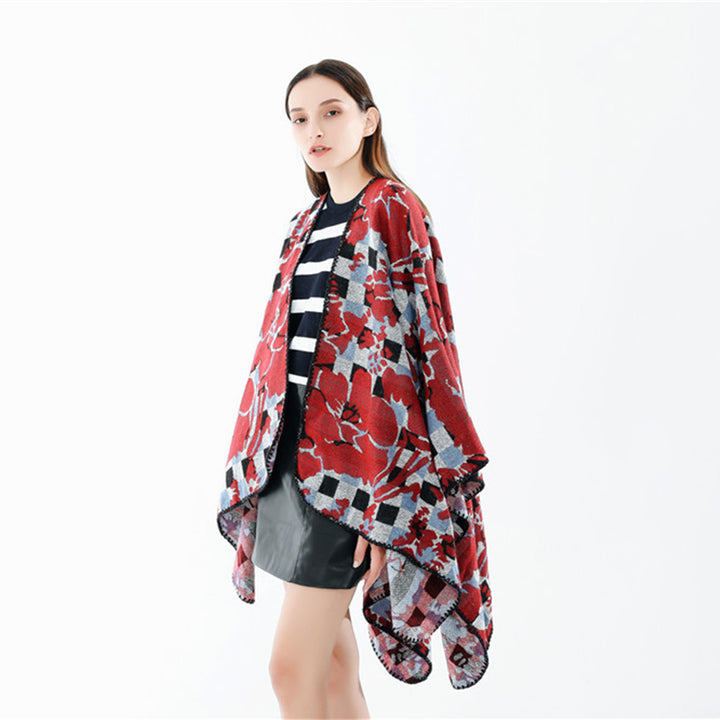 Damen Oversize-Ruana mit V-Ausschnitt und Jacquard-Karo-Floralmuster Drune