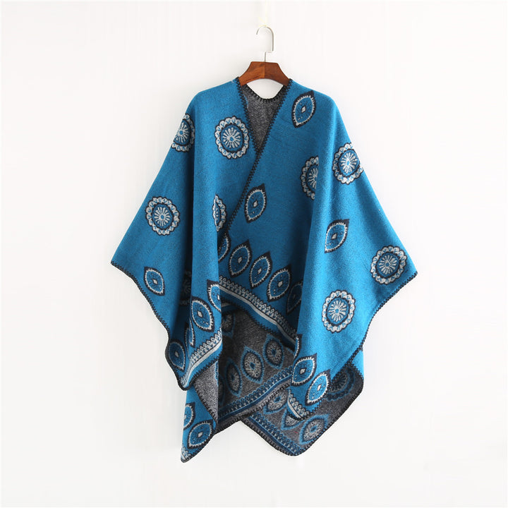 Damen Oversize-Ruana mit gewebtem Medaillon‑Jacquard und offenem Kimono‑Fall Drune