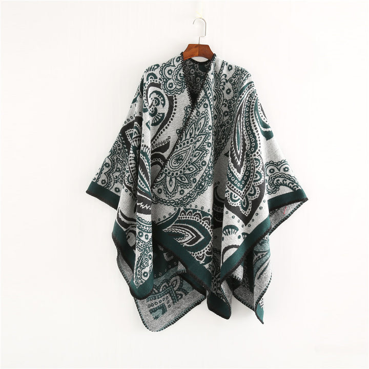 Damen Oversize-Ruana-Überwurf mit Paisley-Jacquard und Zierstichkante Drune