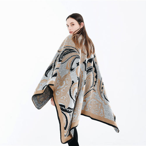 Damen Oversize-Ruana-Überwurf mit Paisley-Jacquard und Zierstichkante Drune