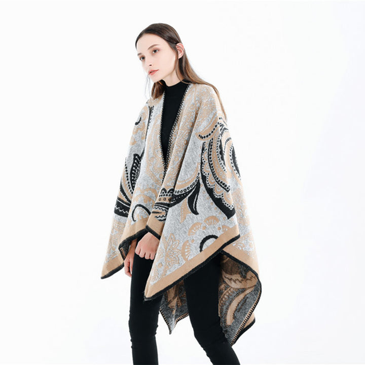 Damen Oversize-Ruana-Überwurf mit Paisley-Jacquard und Zierstichkante Drune