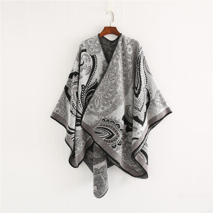 Damen Oversize-Ruana-Überwurf mit Paisley-Jacquard und Zierstichkante Drune