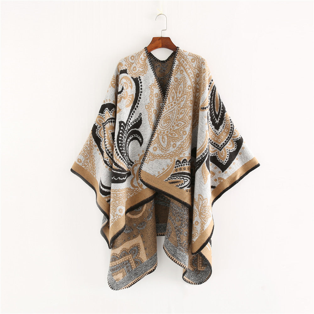 Damen Oversize-Ruana-Überwurf mit Paisley-Jacquard und Zierstichkante Drune