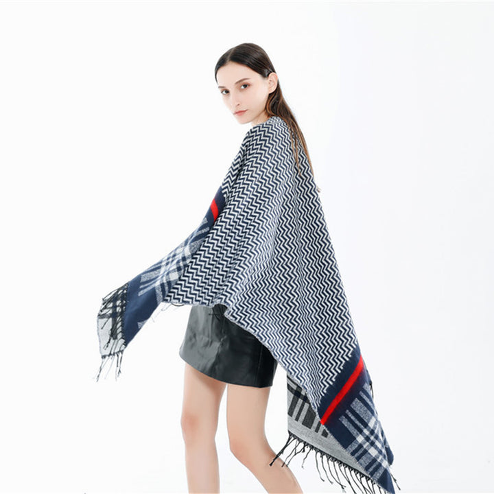 Damen Oversize-Umhangponcho aus Wollmix mit Karomuster, Zickzackjacquard und Fransensaum Drune