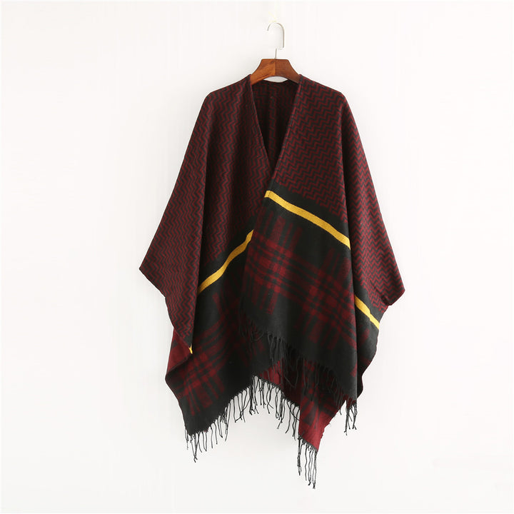 Damen Oversize-Umhangponcho aus Wollmix mit Karomuster, Zickzackjacquard und Fransensaum Drune