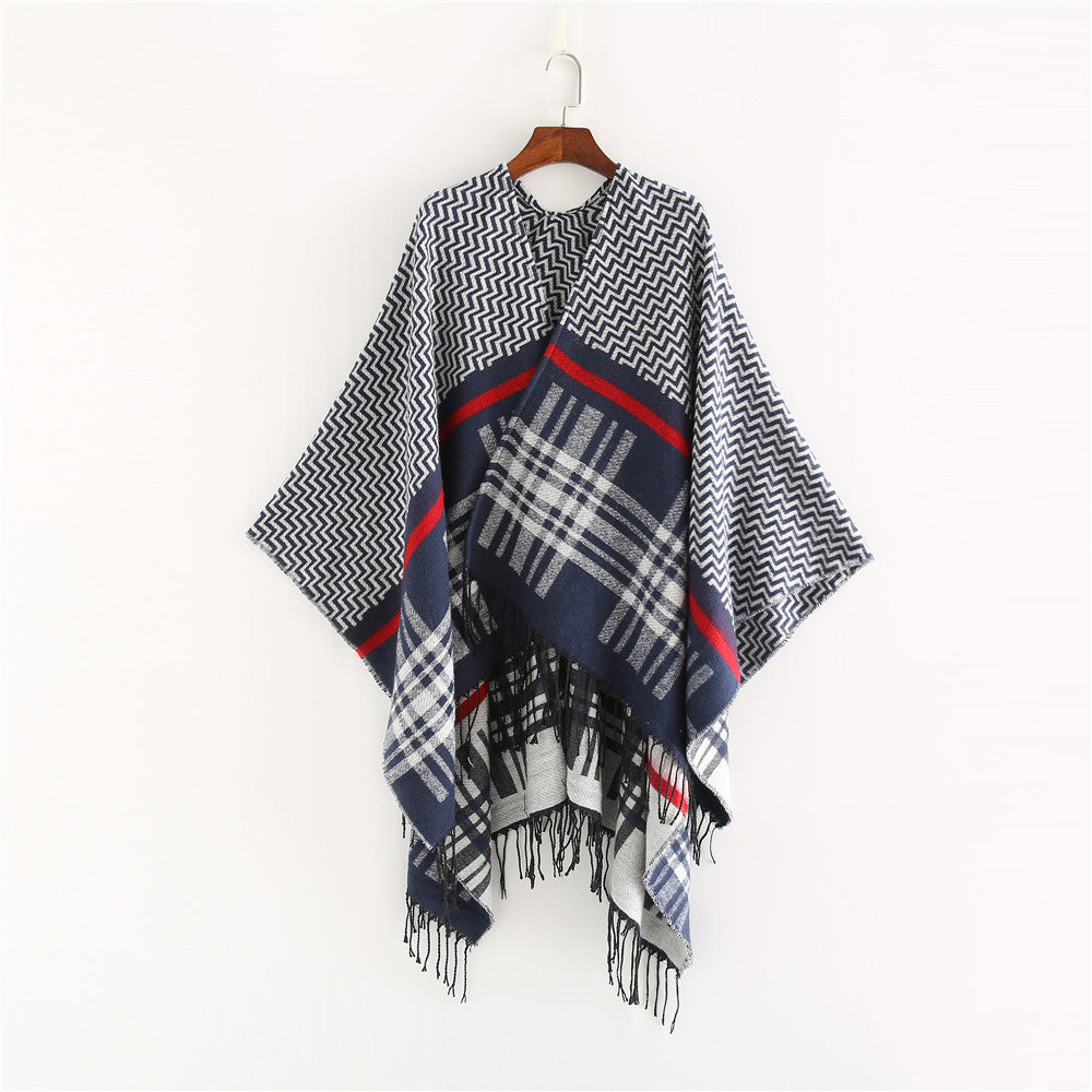 Damen Oversize-Umhangponcho aus Wollmix mit Karomuster, Zickzackjacquard und Fransensaum Drune