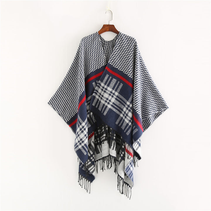 Damen Oversize-Umhangponcho aus Wollmix mit Karomuster, Zickzackjacquard und Fransensaum Drune