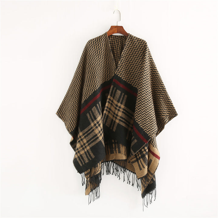 Damen Oversize-Umhangponcho aus Wollmix mit Karomuster, Zickzackjacquard und Fransensaum Drune