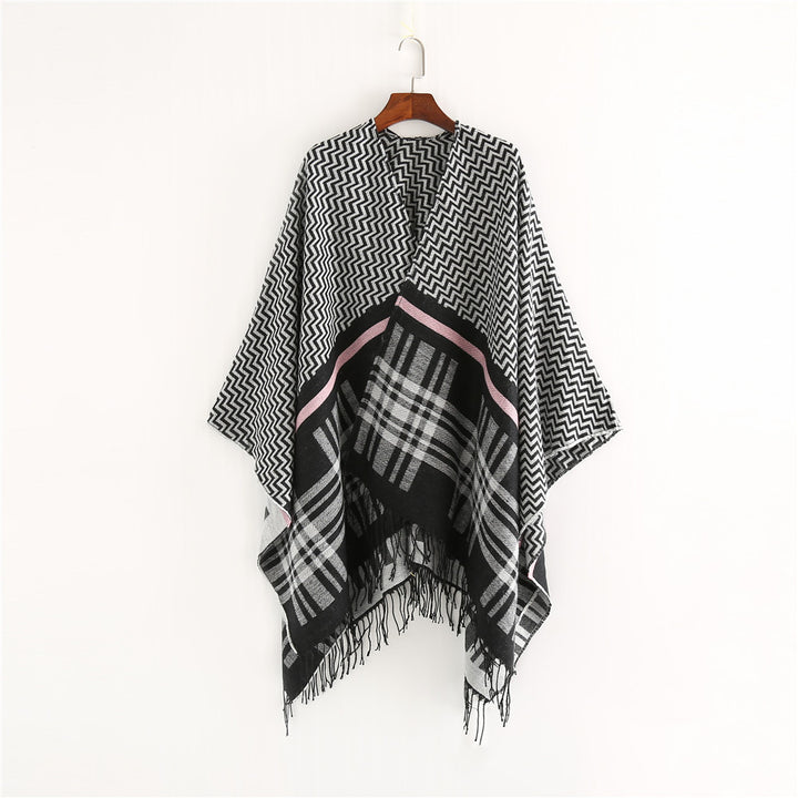 Damen Oversize-Umhangponcho aus Wollmix mit Karomuster, Zickzackjacquard und Fransensaum Drune