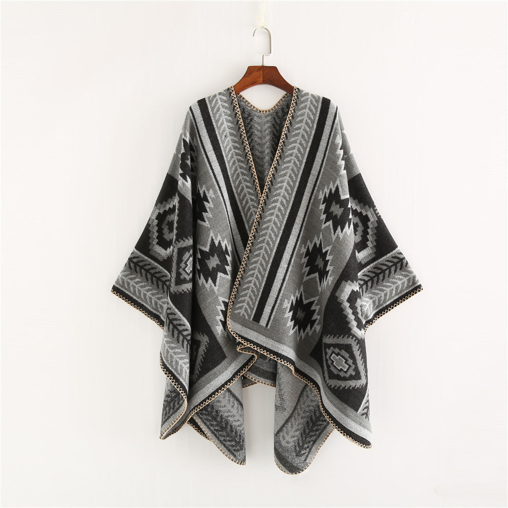 Damen Ethno‑Jacquard Ruana‑Poncho mit kastigem Oversize‑Fall und Zierkettelnaht Drune