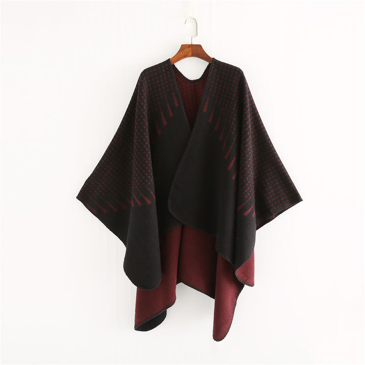 Damen Doppelter Wollmix-Umhang mit reversiblem Jacquard und kastiger Ruana-Silhouette Drune