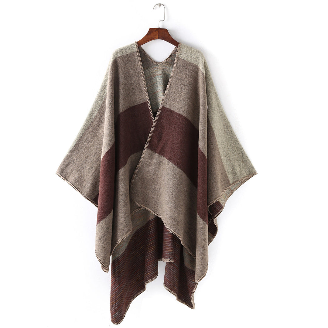 Damen Cape‑Ruana mit zweilagiger Webstruktur und grafischem Blockstreifen Drune