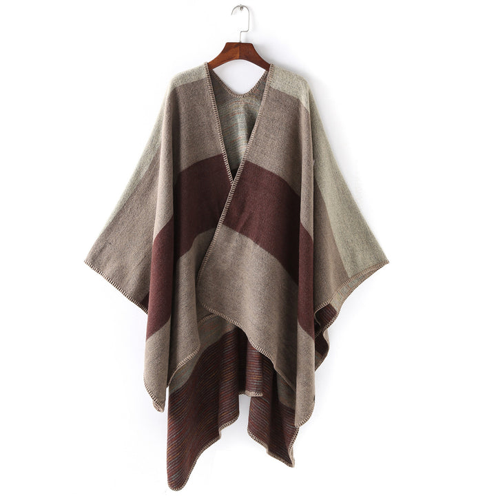Damen Cape‑Ruana mit zweilagiger Webstruktur und grafischem Blockstreifen Drune