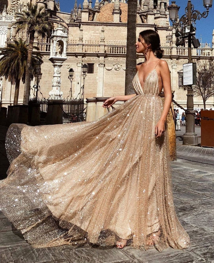 Damen Glamouröses Abendkleid mit tiefem V-Ausschnitt und strahlenden Pailletten Drune