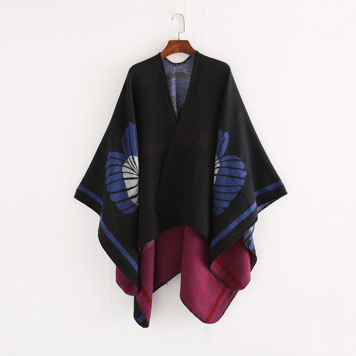 Damen Jacquard-Ruana mit floralem Intarsienmuster und zweifarbiger Wendekante Drune