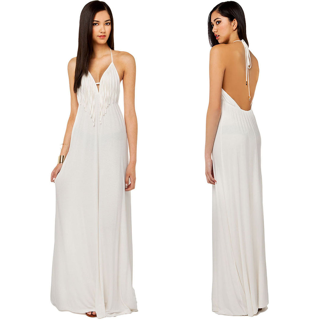 Damen Maxi-Kleid mit fransenverziertem V-Ausschnitt Drune